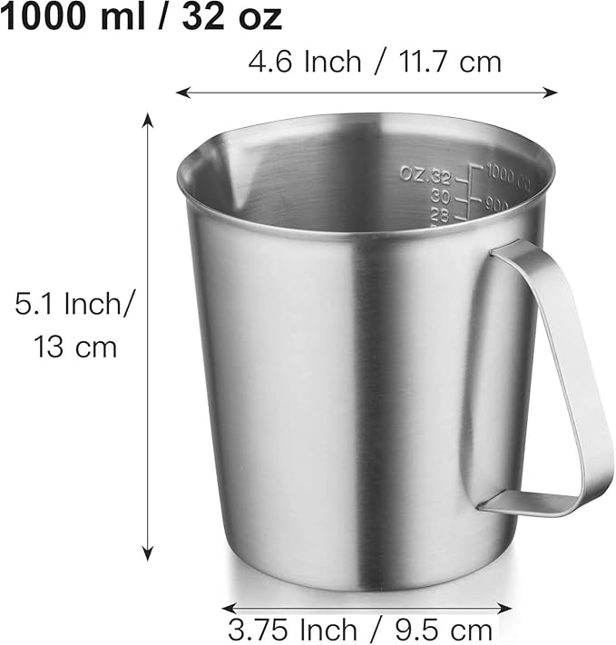 CURTA 18/8 Stainless Steel Measuring Cup with Handle and Pour Lip, Metal Pitcher with Oz and ML marking, 32 OZ/1000 ML- 4 Cup), Heavy-Duty Pitcher