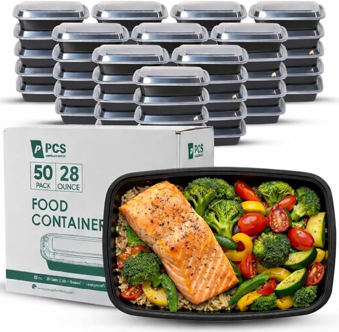 28 oz 50 Pack Meal Prep Containers BPA Free Leakproof Stackable Food Storage Containers with Lids, Microwave & Dishwasher Freezer Safe Reusable To Go Containers Bento Box Style Take Out Clear Plastic