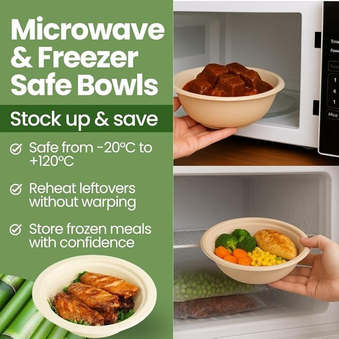 Dtocs Bamboo Fiber Disposable Bowls – 20 Oz, 50 Pk | Bamboo Round Bowl | Microwavable Bagasse Bowl like Soup, Cake, Salsa, Salad bowls | Disposable Dinnerware Sub Paper, Plastic, Styrofoam, Leaf