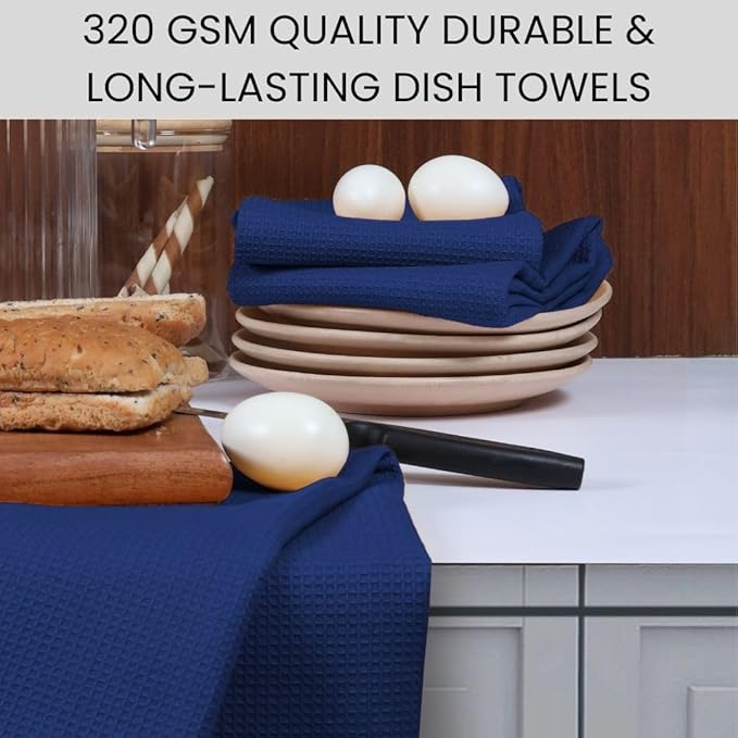 Waffle Kitchen Towels Large 16x26 inch 100% Cotton Set of 4 - Soft Absorbent Washable Tea Towel for Kitchen - Dish Cloths Quick Drying - 320 GSM Quality Dish Towel Blue