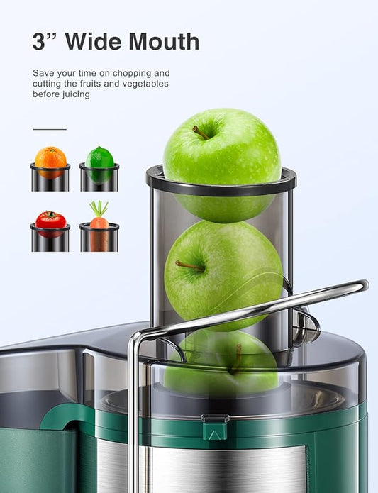 QCen Juicer Machine, 500W Centrifugal Juicer Extractor with Wide Mouth 3” Feed Chute for Fruit Vegetable, Easy to Clean, Stainless Steel, BPA-free (Green)