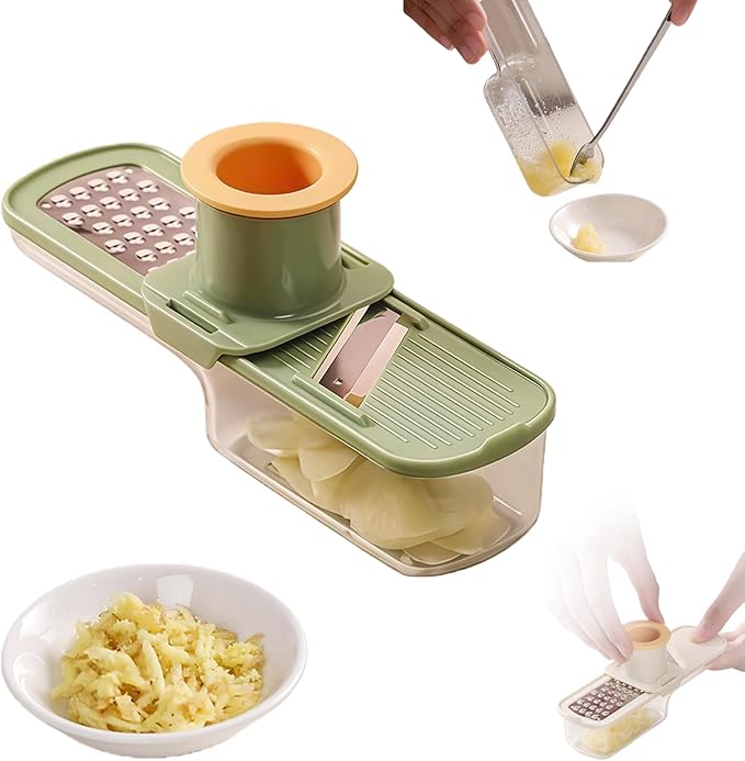 Mini Garlic Grinder, Multifunctional Garlics Grinder & Mandoline Slicer, 3-In-1 Garlic Slicer Veggie Shredder With Container, Hand Guard, For Can Grind, Slice And Shred (Green *1)