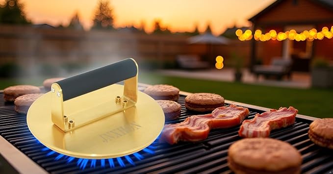 2.3LB 8inches 304 goldenStainless Steel Heavy Duty Burger Press, Bacon Press Barbecue Press Meat Press Garlic Press Round Burger Smasher Griddle Press