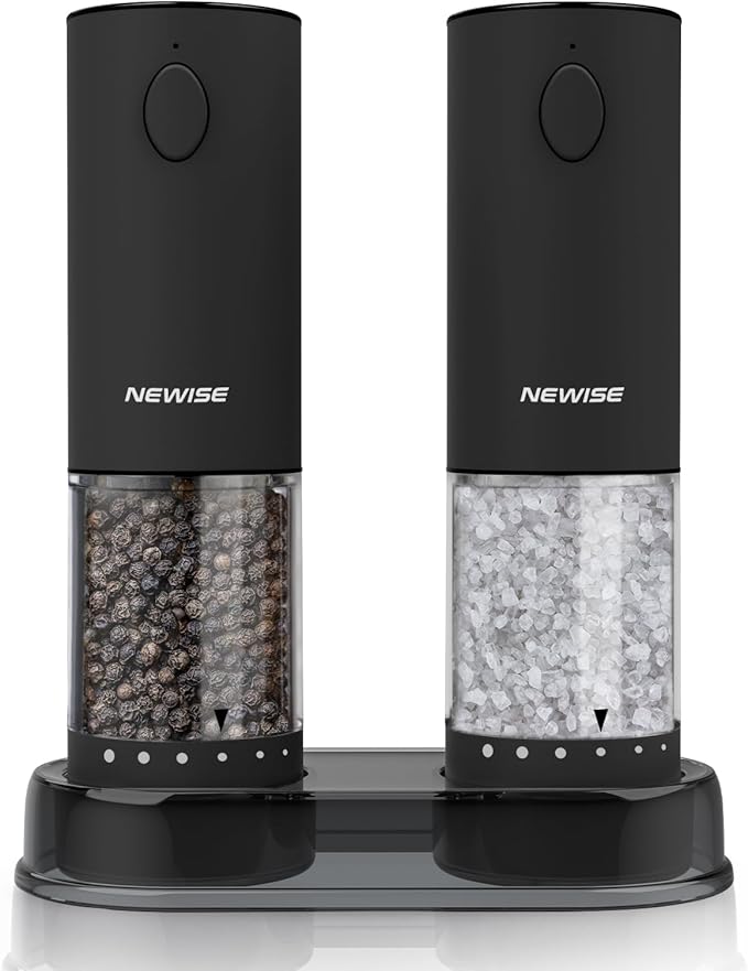 Electric Salt & Pepper Grinder Set, Rechargeable with LED Light & External Coarseness Adjustment, One-Hand Operation, Valentines Day Kitchen Gifts for Him Home Cooks & Families - Black