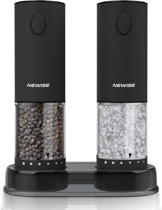 Electric Salt & Pepper Grinder Set, Rechargeable with LED Light & External Coarseness Adjustment, One-Hand Operation, Valentines Day Kitchen Gifts for Him Home Cooks & Families - Black
