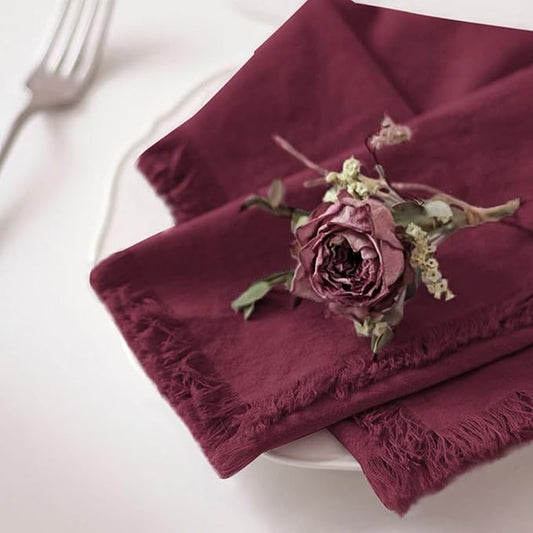 Handmade Cloth Napkins 100% Cotton Napkins with Fringe，Delicate Handmade Cloth Napkins for Dinners, Parties, Weddings and More，18 x 18 Inch Set of 4 - Burgundy