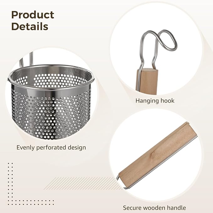 4 Pcs Pasta Strainer Set with 2 Pairs of Chopsticks, Stainless Steel Noodle Strainer, Wooden Handle Strainer, Fine Mesh Food Skimmer for Pasta, Noodle, Dumpling
