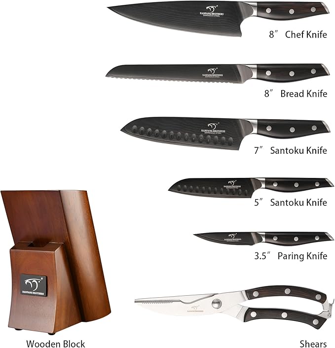 7-Piece Damascus Knife Set with Wood Block - Black Titanium Coated Kitchen Knives for Professional Chefs & Home Cooking | Ultra Sharp Chef Knife Set with Kitchen Shears