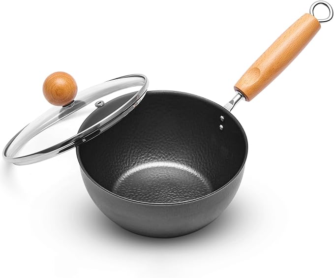 VIVIDCOOKWARE 1.5 QT Small Wok, Cold-Forged Iron Mini Wok with Glass Lid, 7 Inch Flat Bottom Iron Cooking Pot for Stir Fry, Ramen, Soup & Oatmeal, Healthy Wok with Coating-Free, Induction Ready