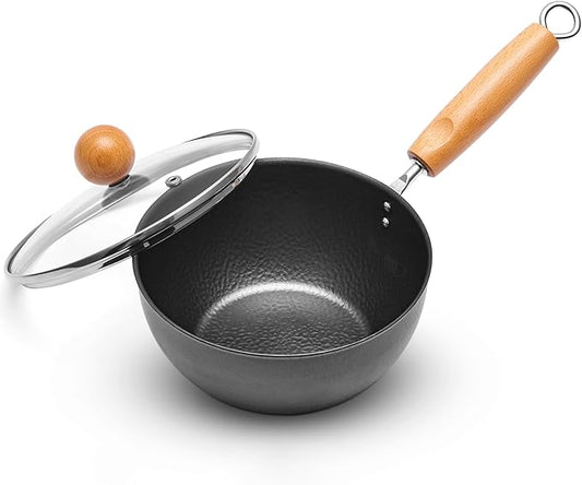 VIVIDCOOKWARE 1.5 QT Small Wok, Cold-Forged Iron Mini Wok with Glass Lid, 7 Inch Flat Bottom Iron Cooking Pot for Stir Fry, Ramen, Soup & Oatmeal, Healthy Wok with Coating-Free, Induction Ready