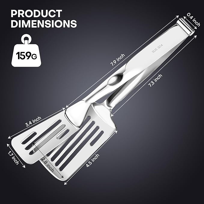 Nezylaf Kitchen Tongs 11.8 Inch 304 Stainless Steel, 2-in-1 Detachable Design | Tongs for Cooking Grilling Frying | Multi-Function Spatula Tongs with Oil Drain Holes