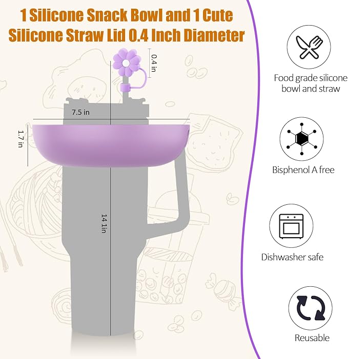 Snack Bowl for Stanley Cup 30 oz with Handle-Perfectly Compatible with Stanley Quencher H2.0 Tumbler 30 oz with Handle, Reusable Silicone Snack Tray, Stanley cup accessories (Orchid Snack Bowl)