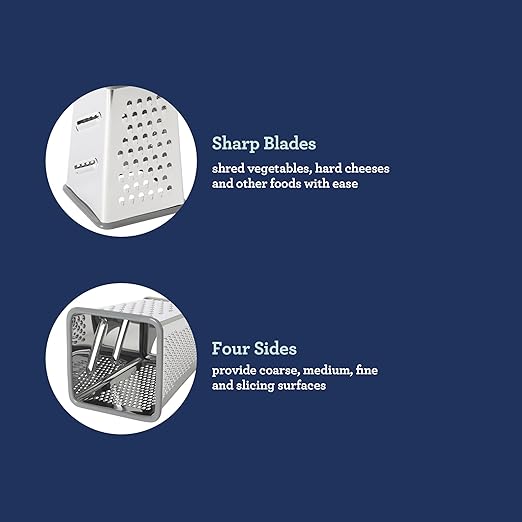 Oster Bluemarine 9-Inch 4-Sided Box Grater – Stainless Steel Cheese and Vegetable Grater, Kitchen Tool for Shredding, Slicing, Grating, Blue/Grey Handle