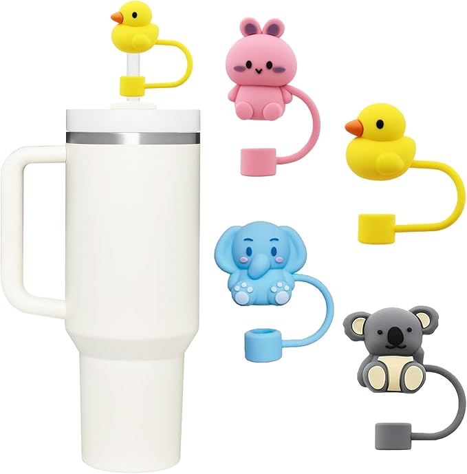 4 Pcs 0.4in Straw Cover for Stanley Cup, Silicone Straw Topper Set for 30&40oz Stanley Tumble, Fit for 10mm/0.4in Straws (Animal)