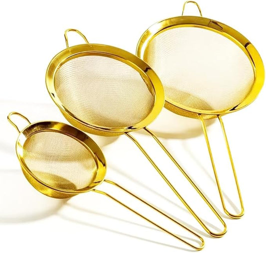 Three-piece Suit Baking SiftersWire ExtraMesh Strainer with Handle Oversized Extended Handle Stainless Steel Sieve Fine Mesh Strainers for Kitchen Rice Juice Quinoa Food Flour Baking(Golden)