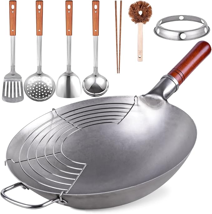 Teewe Carbon Steel Wok Traditional Hand Hammered - 13.4" Chinese Woks Round Bottom Wok Pan Set with 8 Pcs Cookware Accessories