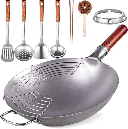 Teewe Carbon Steel Wok Traditional Hand Hammered - 13.4" Chinese Woks Round Bottom Wok Pan Set with 8 Pcs Cookware Accessories