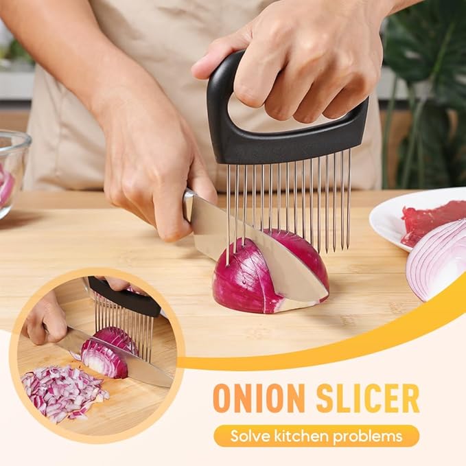 Stainless Steel Onion Slice Holder: Onion Slicer Holder Meat Tenderizer Tool, Vegetable Slicer Kitchen Assistant Tool for Potato Tomato and Meat Steel lemon Cutter (2pcs)