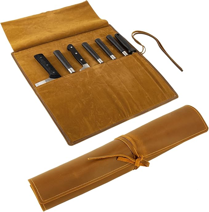 Baizoy Genuine Leather Knife Roll, Knife Bags for Chefs Professional, Small Chef'S Knife Case Holder, Knives Holders Protectors with 7 Slots, Portable Chef Knife Roll Chef Knife Bag