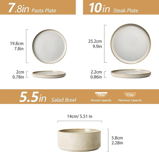 Stoneware Dinnerware Sets for 4, Stoneware Plates and Bowls Set, 12-Piece Ribbed Dishes – Chip & Scratch Resistant, Microwave and Dishwasher Safe Tableware, Reactive White