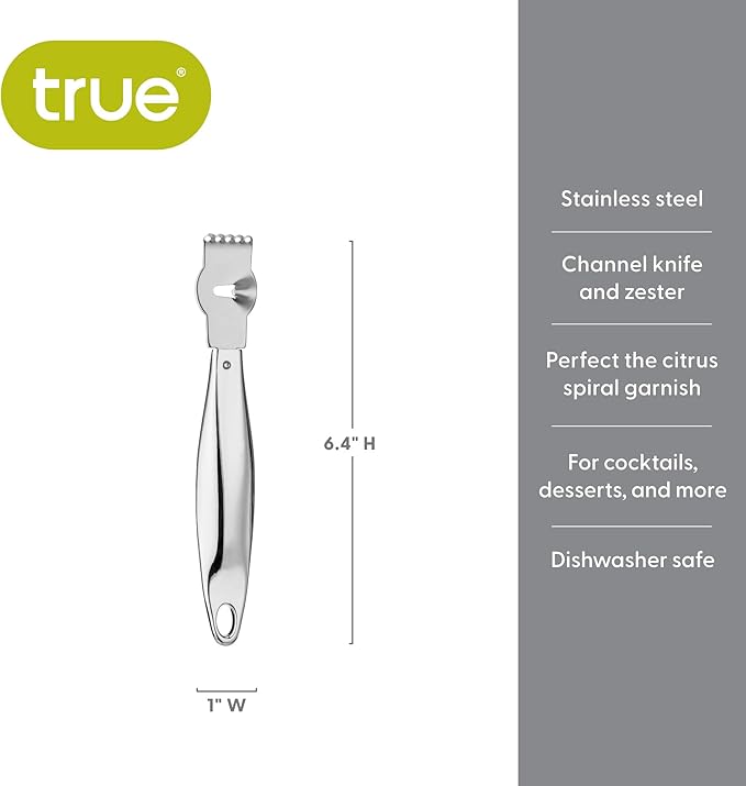 True Zesty Stainless Steel Citrus Zester Tool, Cocktail Peeler for Lemon Twist, Orange, Lime, Home Bar Accessories, Kitchen Gadgets, Set of 1