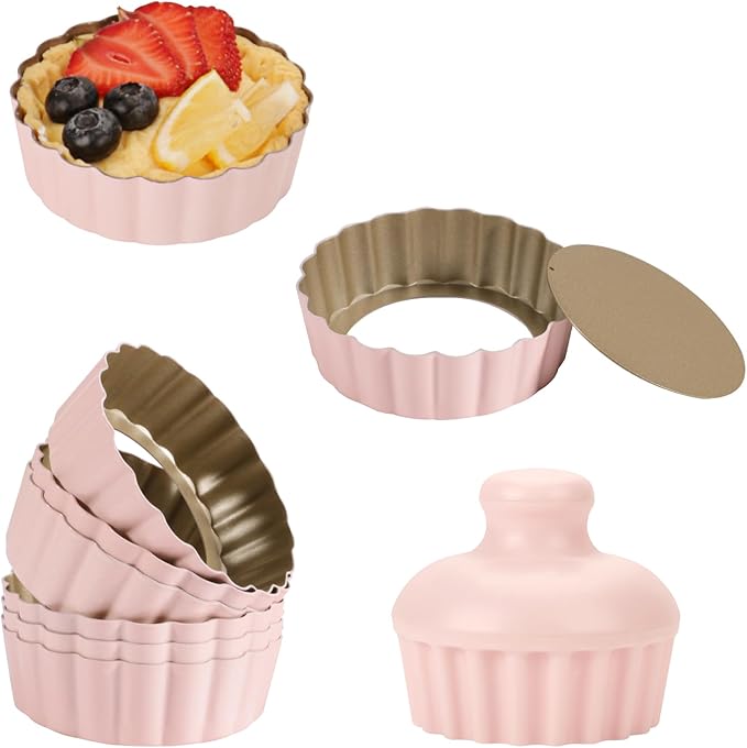 1 Inch Deep Mini Tart Pan Set, 6PCS 3.6 Inch Tart Pans with Removable Bottom and Tart Tamper, Nonstick & Durable Bakeware, Ideal for Mini Pies, Tarts, Quiches, Cheesecakes, (Pink)