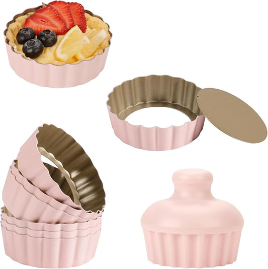 1 Inch Deep Mini Tart Pan Set, 6PCS 3.6 Inch Tart Pans with Removable Bottom and Tart Tamper, Nonstick & Durable Bakeware, Ideal for Mini Pies, Tarts, Quiches, Cheesecakes, (Pink)