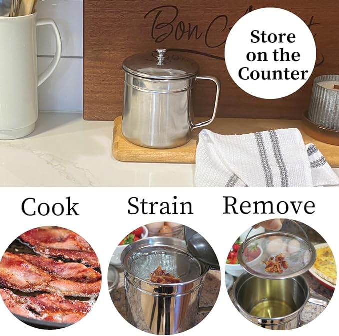 Evelots Cooking Oil Storage Can-Bacon Grease Keeper-2 Pack-Stainless Mesh Strainer-Easy Grip Handle-Large 5 Cup Fat Storage