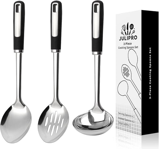 3-Piece Stainless Steel Serving Spoons Set – Includes Slotted Spoon, Serving Spoon & Soup Ladle, Heat-Resistant, Dishwasher Safe, Ergonomic Handles for Home & Commercial Use