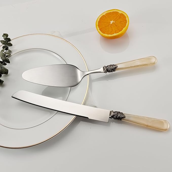 CATHYLIN Wedding Cake Knife and Serve Set, Fancy Hand Craft Italian Style Design, Pearl Pie Knife Server Set, Vintage Silverware,Cake Cutter Set, Cake Knife Gift Set, 2 pcs (champagne)