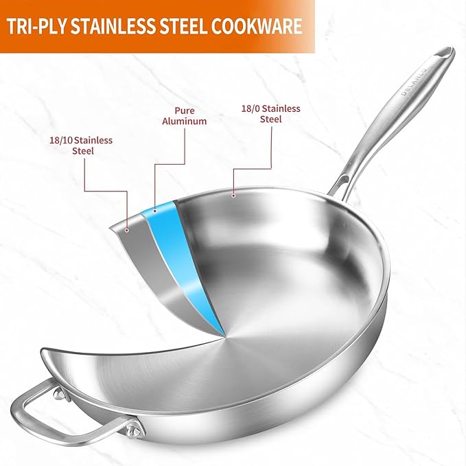 DELARLO Tri-Ply Stainless Steel Pan with Lid 12inch丨Compatible with All Cooktops Up to 600℉丨Stainless Steel Skillet 12 inch丨Heavy Duty丨Frying Pan with Lid丨18/10 Large Cooking Surface