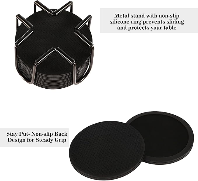 Sleek Absorbent Coasters with Holder – Silicone Cup Mat with Removable Felt Insert Non-Slip, Non-Stick, for Coffee Tables, Kitchen Décor – Set of 6 Coasters (Black)