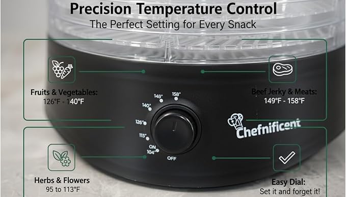 Food Dehydrator DryMax 280 – 5 Tray Adjustable, BPA-Free – 4-Hour Quick Drying, Even Heat, Easy Temp Control – Fruit, Veggie, Meat Jerky Maker (Black)