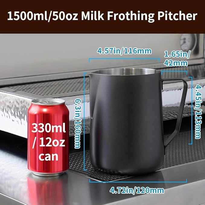 watchget Milk Frothing Pitcher 50oz/1500ml - Stainless Steel Espresso Steaming Pitcher for Cappuccino, Latte Art, Coffee Machine Accessories Milk Jug Frother Cup, Black