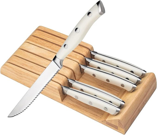 Alata 6-Piece White Steak Knives Set with Block, Stainless Steel Steak Knife set with Serrated Edge, Razor-Sharp, Full-Tang Construction