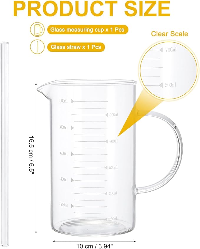 PATIKIL 1000ml Glass Measuring Cup, Borosilicate Glass Beaker Graduated Liquid Measure Cups with Straw V-Shaped Spout for Kitchen Drinking Restaurant, White Printed Scale