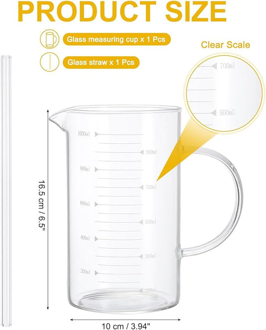 PATIKIL 1000ml Glass Measuring Cup, Borosilicate Glass Beaker Graduated Liquid Measure Cups with Straw V-Shaped Spout for Kitchen Drinking Restaurant, White Printed Scale