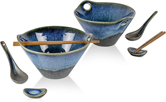 UNICASA Japanese Ramen Bowl Set with Chopsticks, Spoons and Rests, 26oz Deep Porcelain Noodle Bowl Set of 2 for Udon, Pho, Salad, Soup (Volcano Blue)