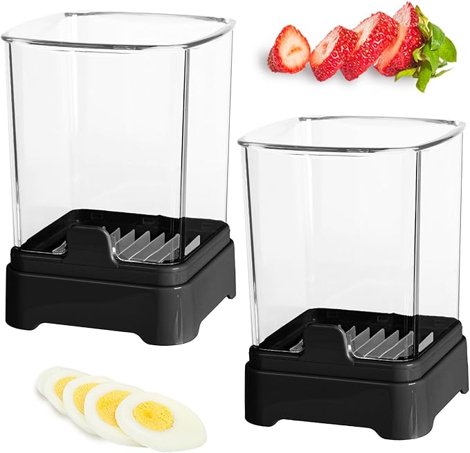2 Pack Fruit Slicer Cup for Strawberry, Banana, Hard-Boiled Egg - Detachable Cutter with Push Plate - Rapid & Safe Slicing Kitchen Gadget for Quick Meal Prep (Black)