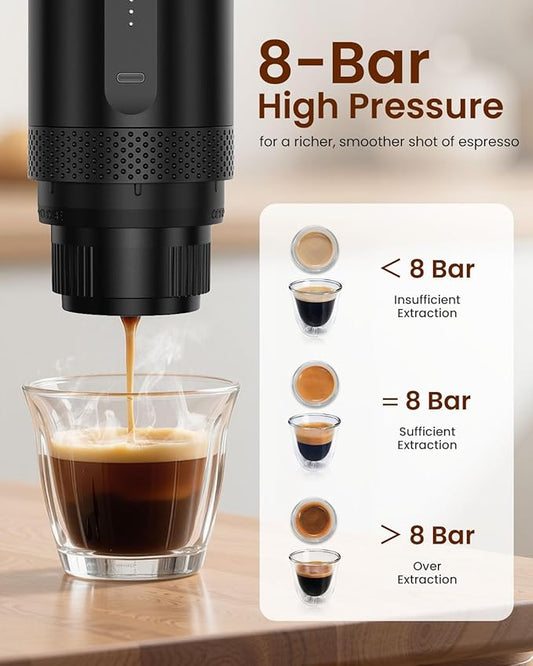 Amjdcoe Portable Espresso Maker, Electric Espresso Machine for Travel, Camping, Rechargeable USB-C Mini Coffee Maker for NS Capsule Pods and Ground Coffee, Matte Black