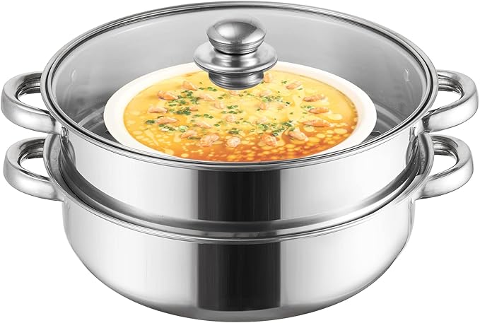 ZENFUN Steamer Pot With Lid 2 Tier, Multipurpose Stainless Steel Steaming Pot, Steam Pots With Handle For Vegetable, Dumpling, Food, 11 Inch（Thickened）