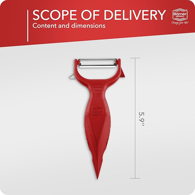 Börner by Reston Lloyd Vegetable Peeler, Garnish Knife, Nutmeg/Garlic Grater, Made in Germany, Red