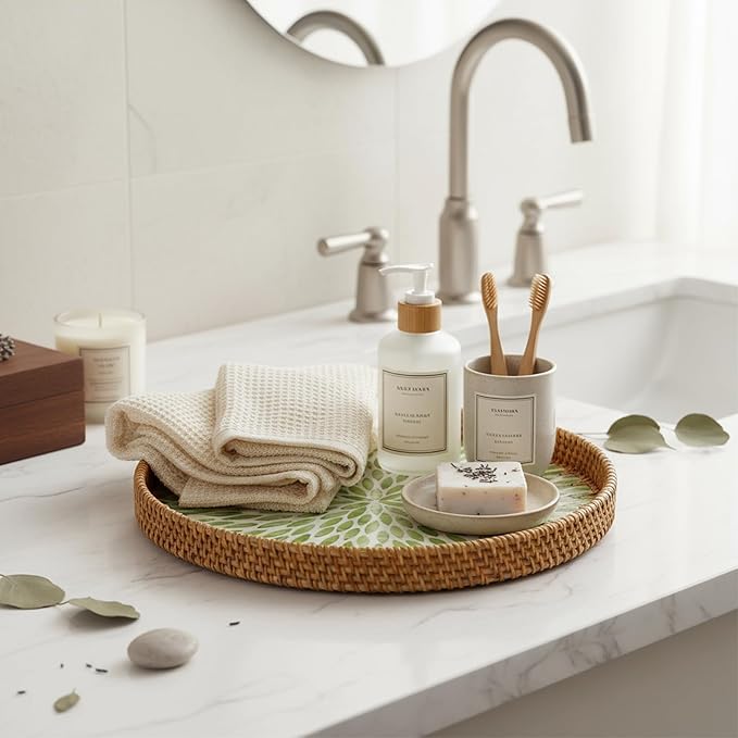 16 inch Round Rattan Tray with Mother of Pearl Inlay Wicker Serving Tray with Wooden Base Boho Decorative Wicker Basket for Table Decor Bathroom Candle Perfume (Green Leaf)