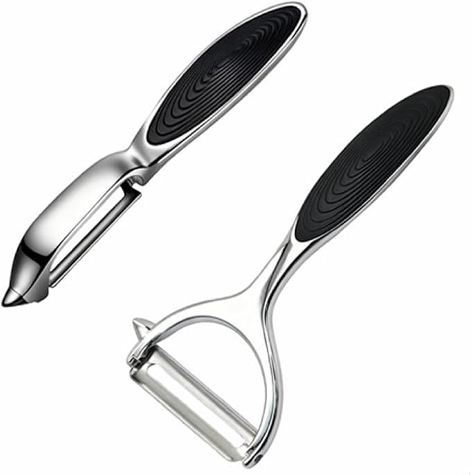 Bestac Fruit and Vegetable Peelers Set - Stainless Steel Y & I Shape Kitchen Peelers for Carrots, Potatoes, Apples - Features Easy-Grip Ergonomic Handles, Sharp Stainless Steel Blades (Black)