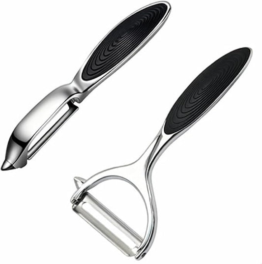 Bestac Fruit and Vegetable Peelers Set - Stainless Steel Y & I Shape Kitchen Peelers for Carrots, Potatoes, Apples - Features Easy-Grip Ergonomic Handles, Sharp Stainless Steel Blades (Black)