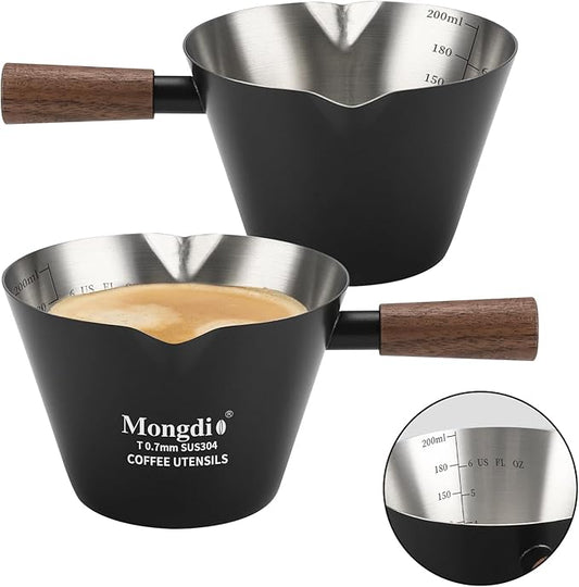 Mongdio 2 Pcs Espresso Measuring Cup, Stainless Steel Espresso Shot Cups with Wooden Handle and Double Spouts, 6.8OZ/200ML, Black