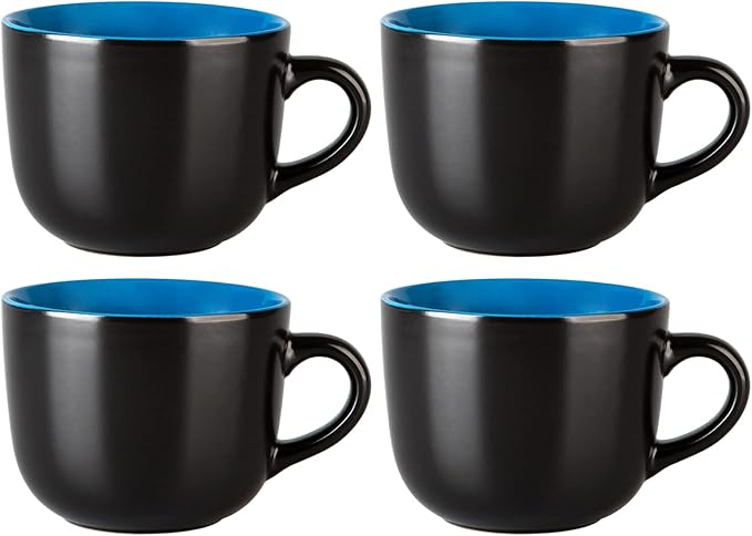 GBhome Jumbo Soup Mugs with Handles, 24 Oz Large Coffee Mugs Set of 4, Ceramic Soup bowls for Coffee,Cereal,Snacks,Salad,Noodles etc Soup Cups,Microwave&Dishwasher safe-Blue Inside