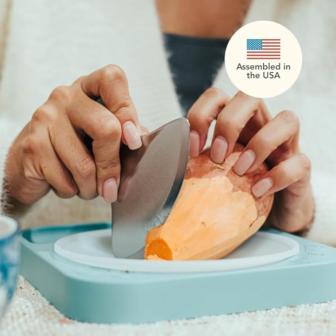 Sharp Rocker Knife for Adults – Chef-Grade Kitchen Knife for Parents and Kids 12+ with Non-Slip Cutting Board, Dishwasher Safe, One-Handed Meal Prep, Microplastic-Free Insert (Seaside Blue)