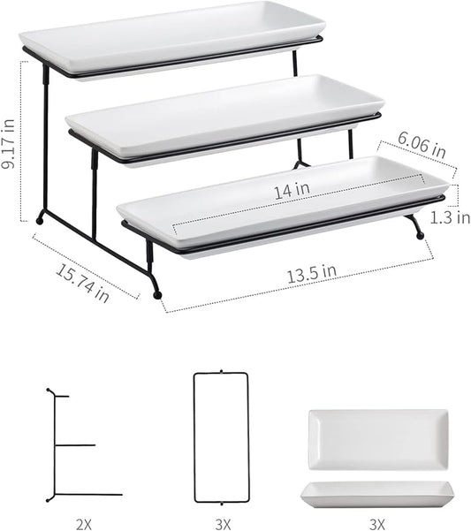 Gomakren 3 Tier Serving Trays Stand 14 Inches Serving Platters Rectangular Large Serving Plates for Party Display Set Collapsible Sturdier Rack, White Serving Trays and Platters