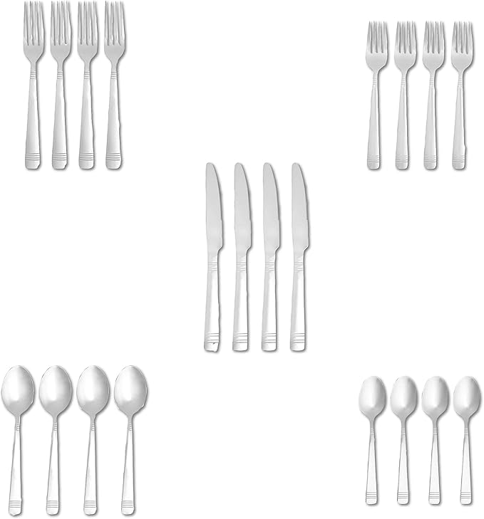Amazon Basics Silverware, 20-Piece Stainless Steel Flatware Set, Service for 4, Durable Silver Finish, Bistro